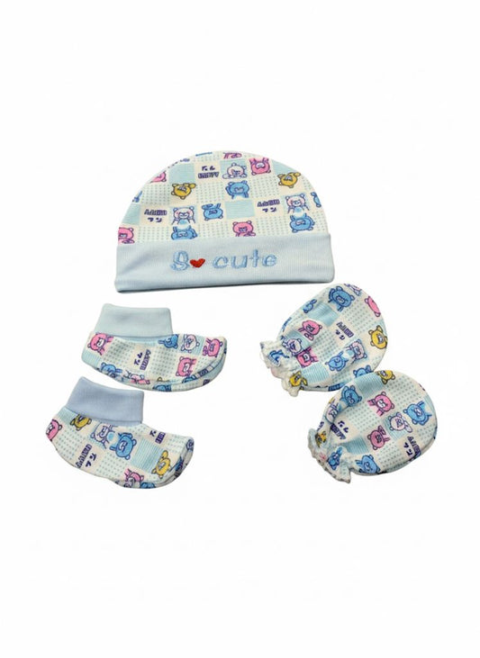 Blue baby cap, mittens & booties set