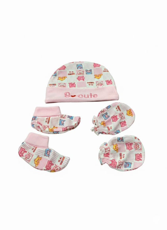 Cute pink baby cap, mittens & booties set