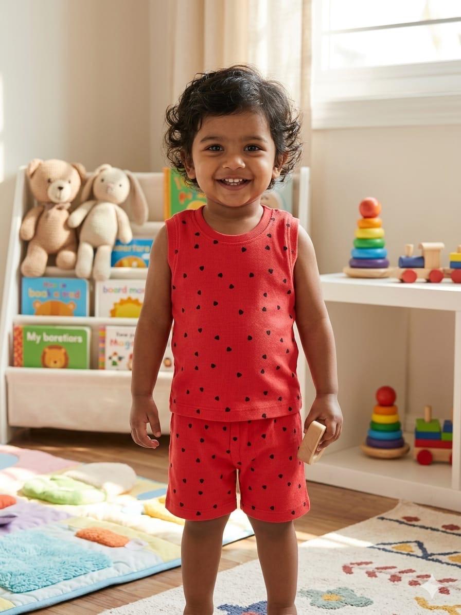 Red Sleeveless Ribbed Short  set (1-6 years )Code:SA