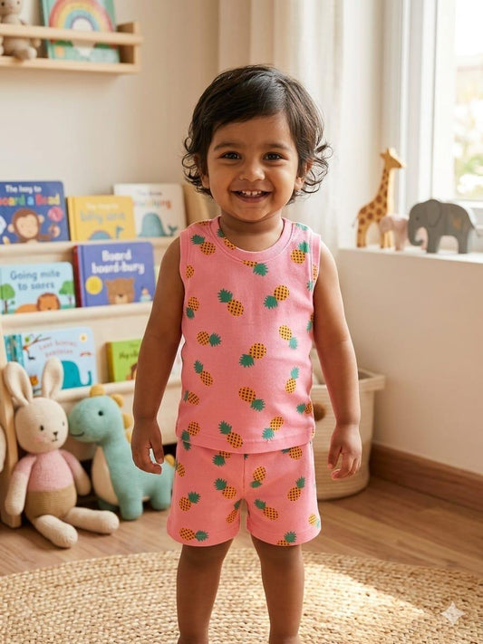 Pink pineapple Sleeveless Ribbed Short  set (1-6 years )Code:SA