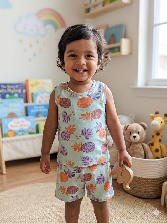 Big pineapple Sleeveless Ribbed Short  set (1-6 years )Code:SA