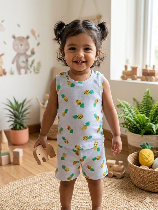 Blue pineapple Sleeveless Ribbed Short  set (1-6 years )Code:SA