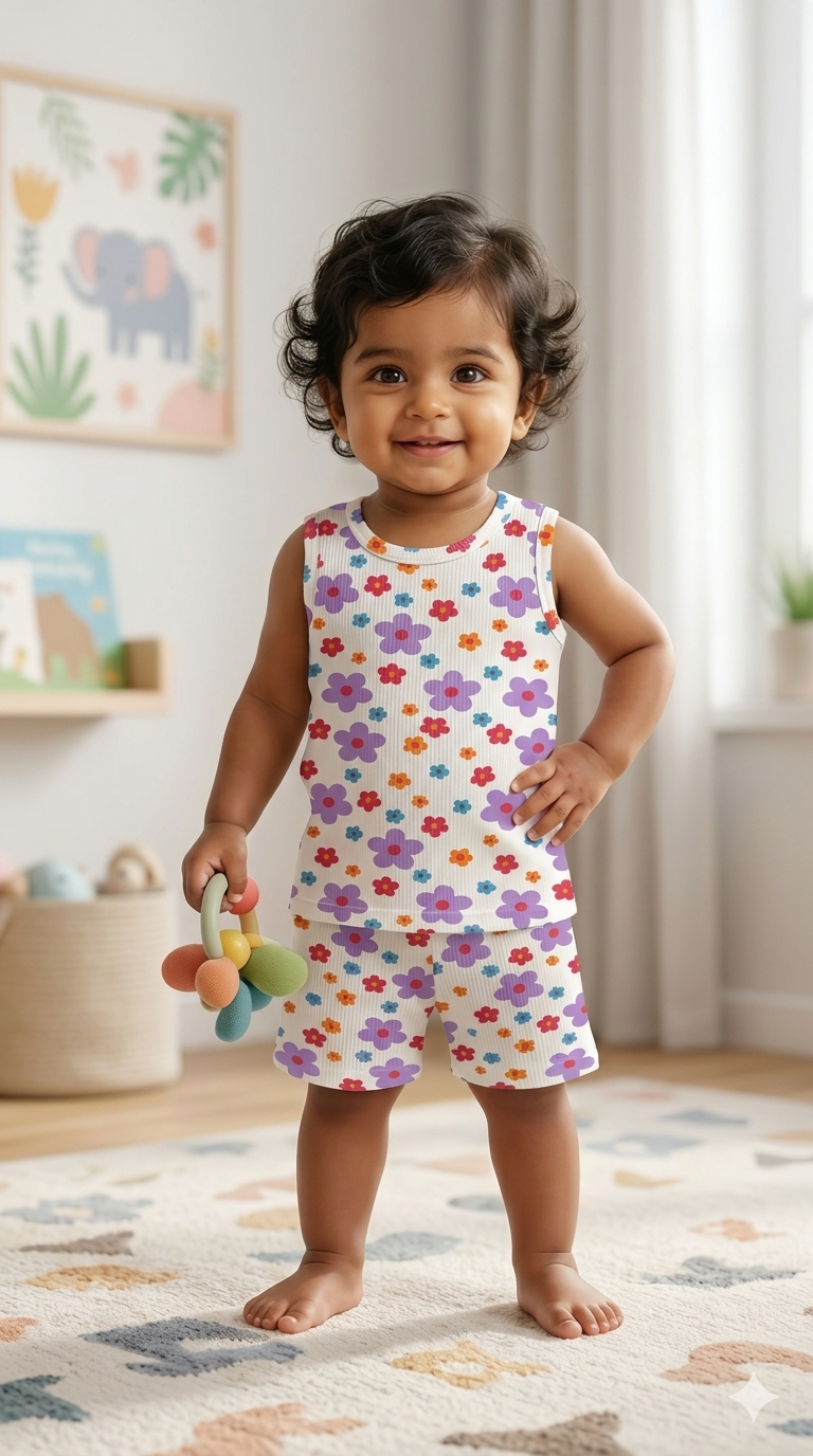 Floral   Sleeveless Ribbed Short  set (1-6 years )Code:SA